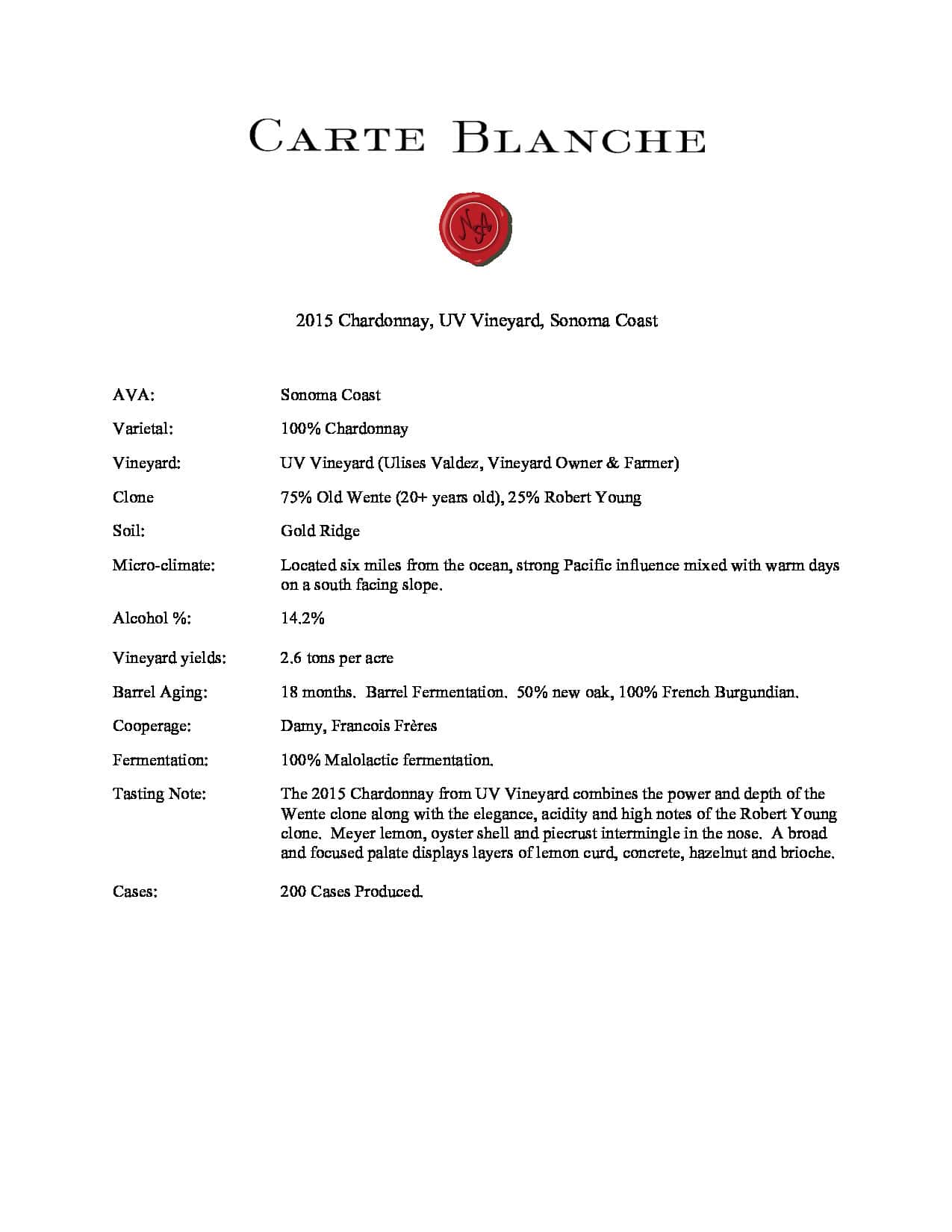 2015 Carte Blanche Chardonnay