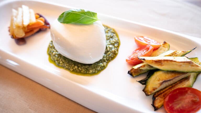 Burrata with Roasted Spring Vegetables and Basil Pesto
