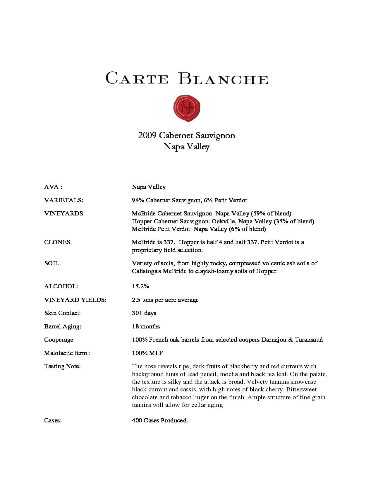 2009 Carte Blanche Cabernet Sauvignon