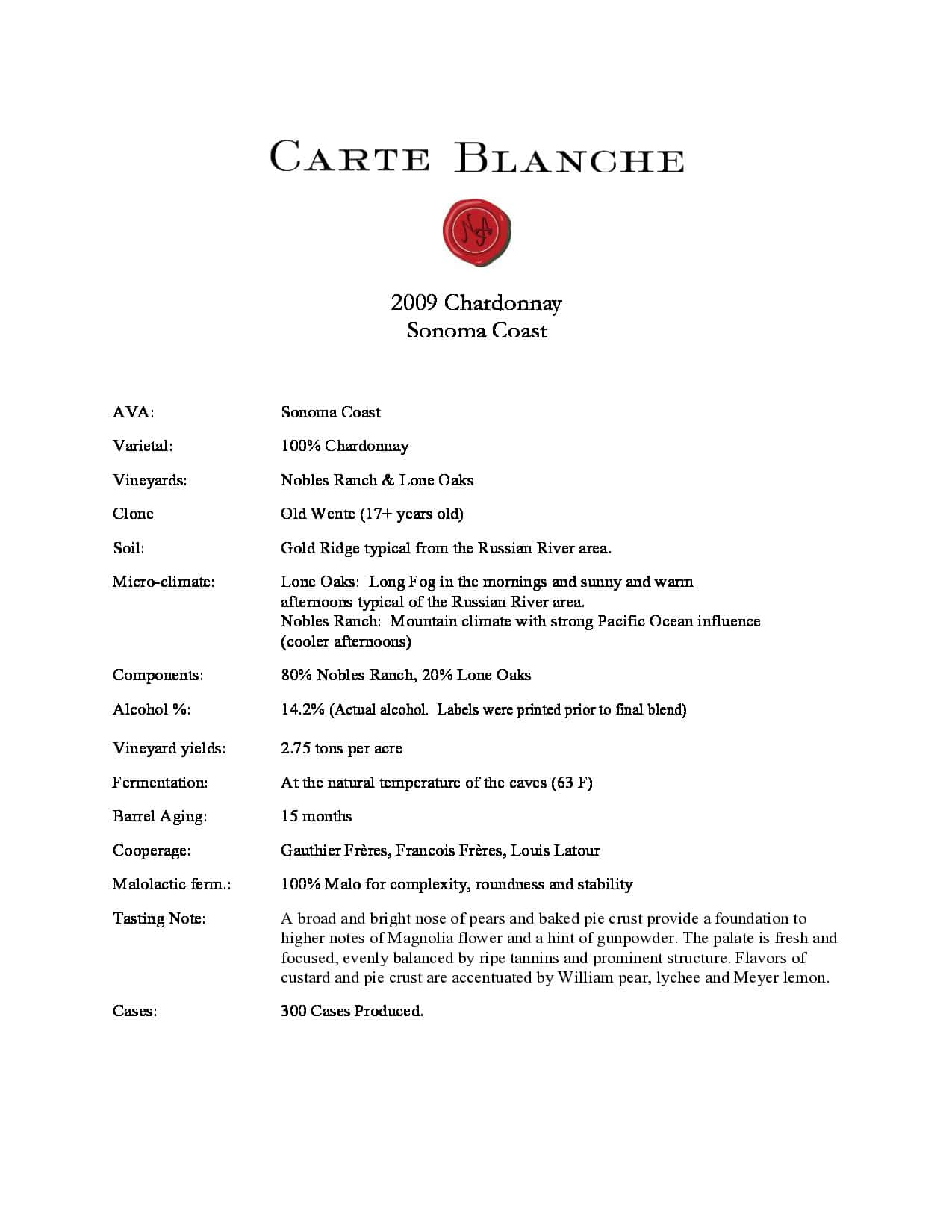 2009 Carte Blanche Chardonnay