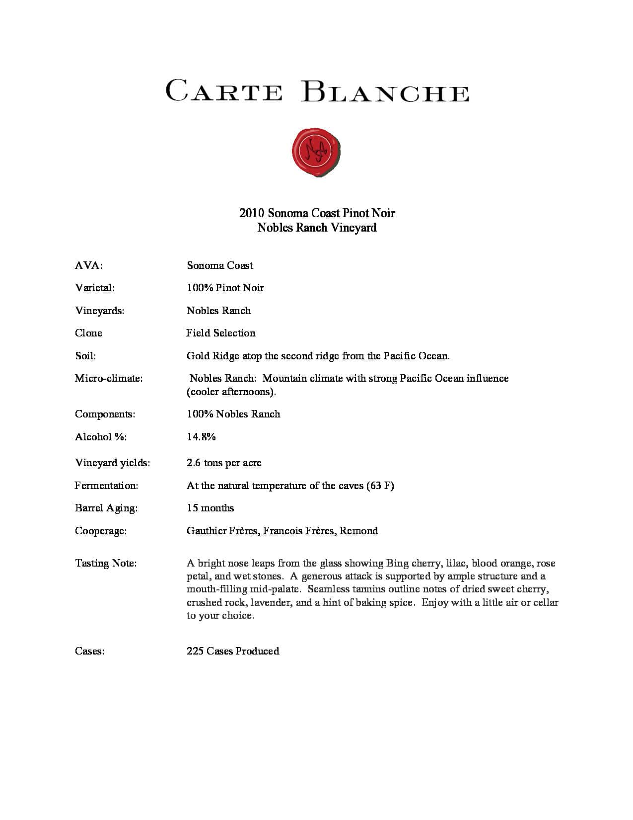 2010 Carte Blanche Pinot Noir