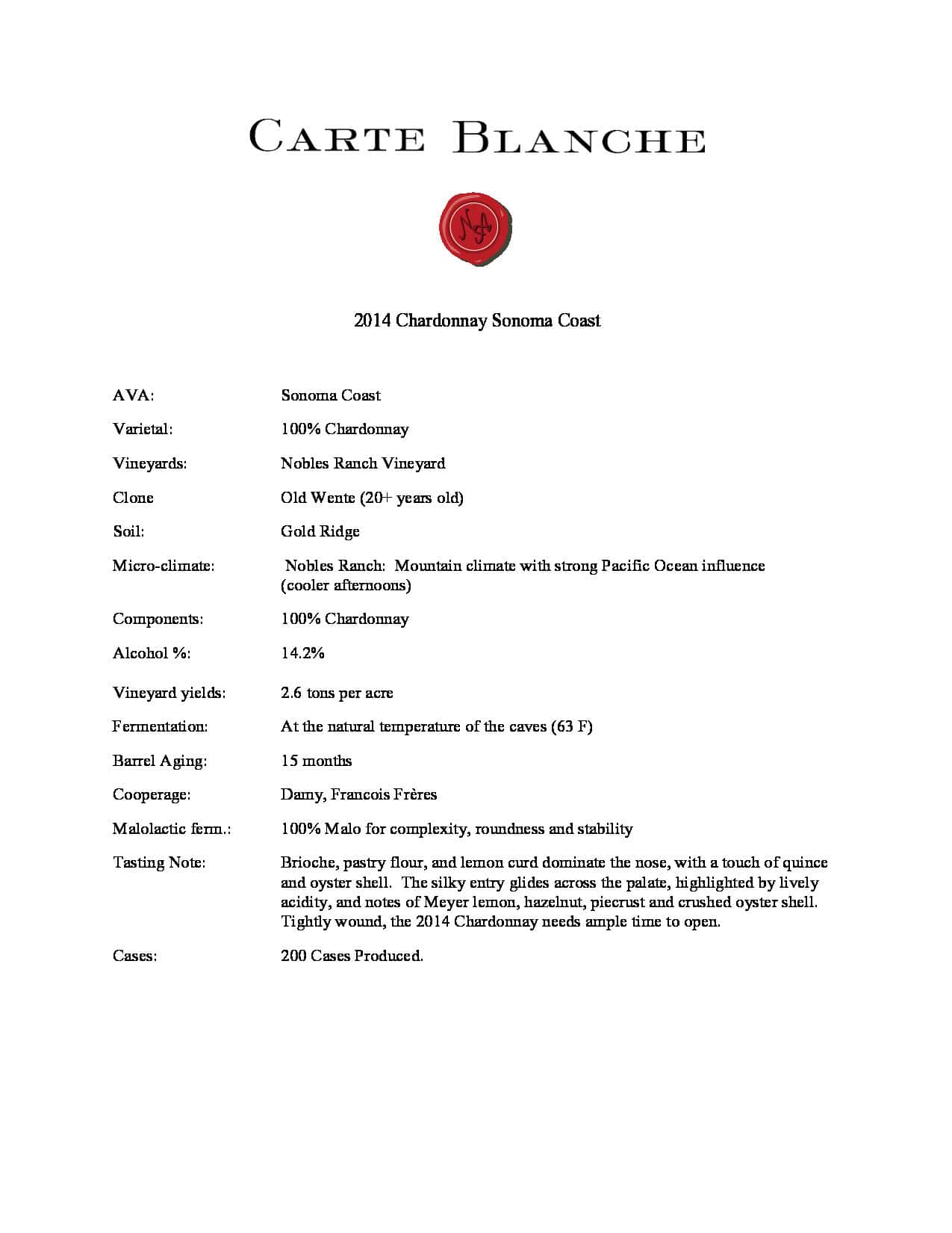 2014 Carte Blanche Chardonnay