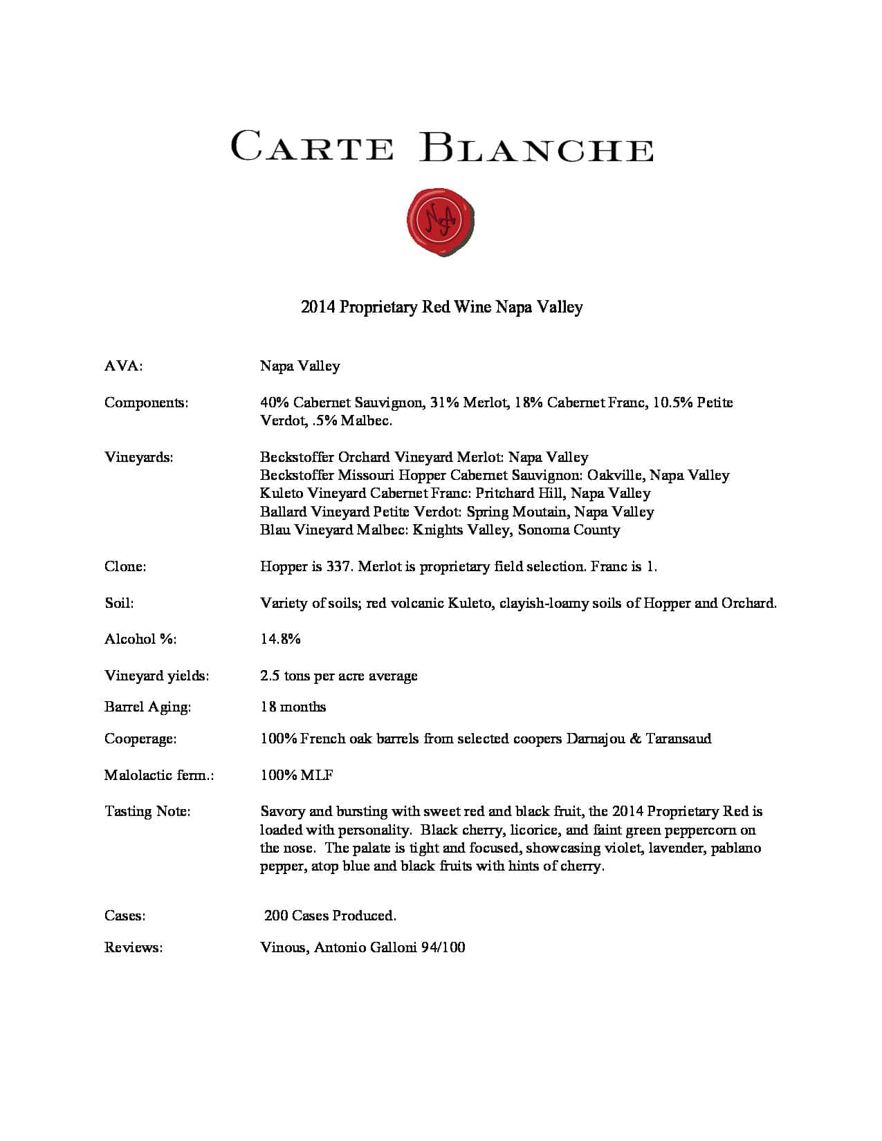 2014 Carte Blanche Proprietary Red
