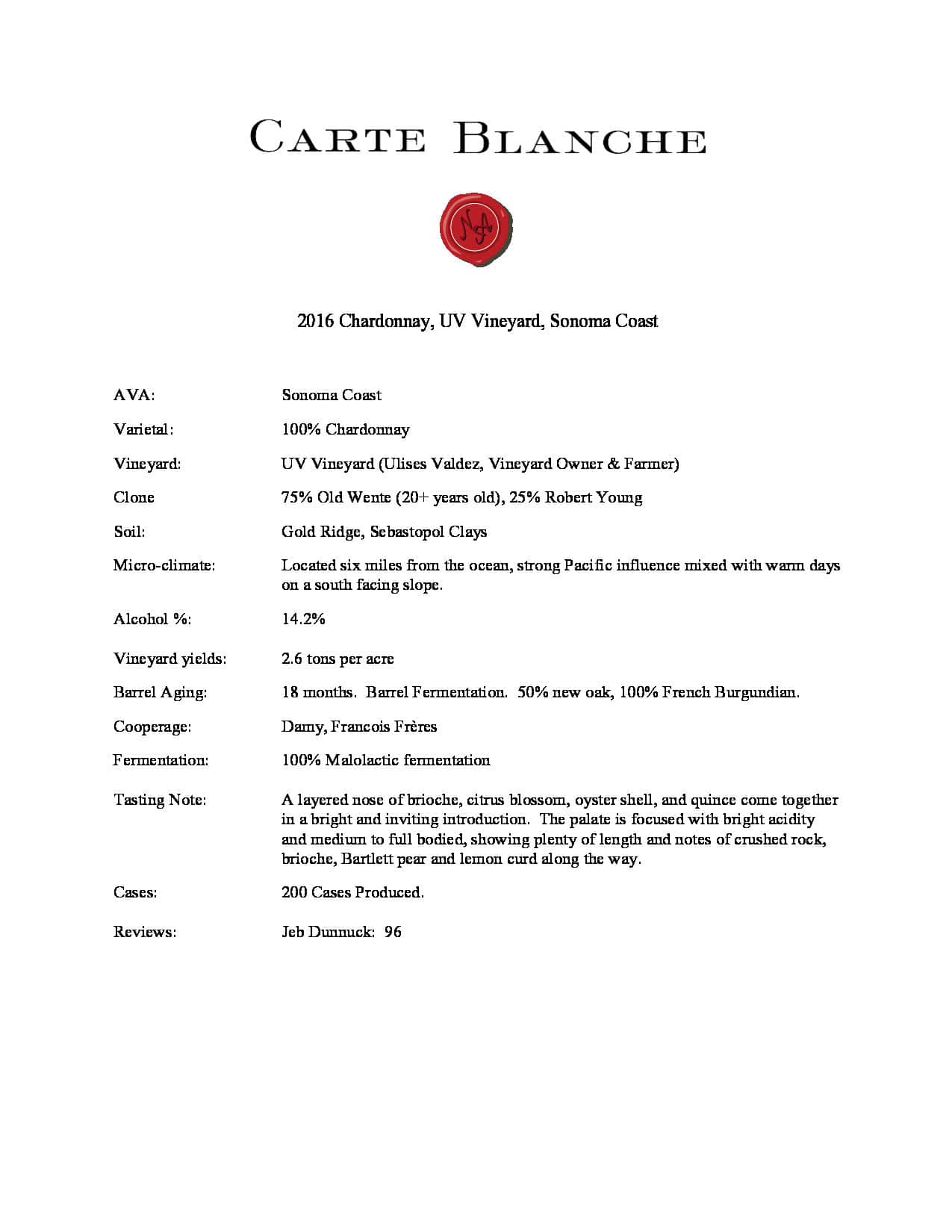 2016 Carte Blanche Chardonnay UV