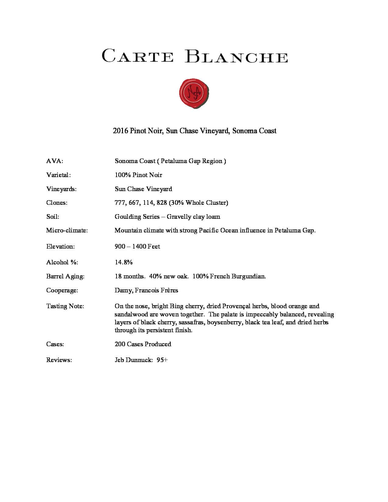 2016 Carte Blanche Pinot Noir