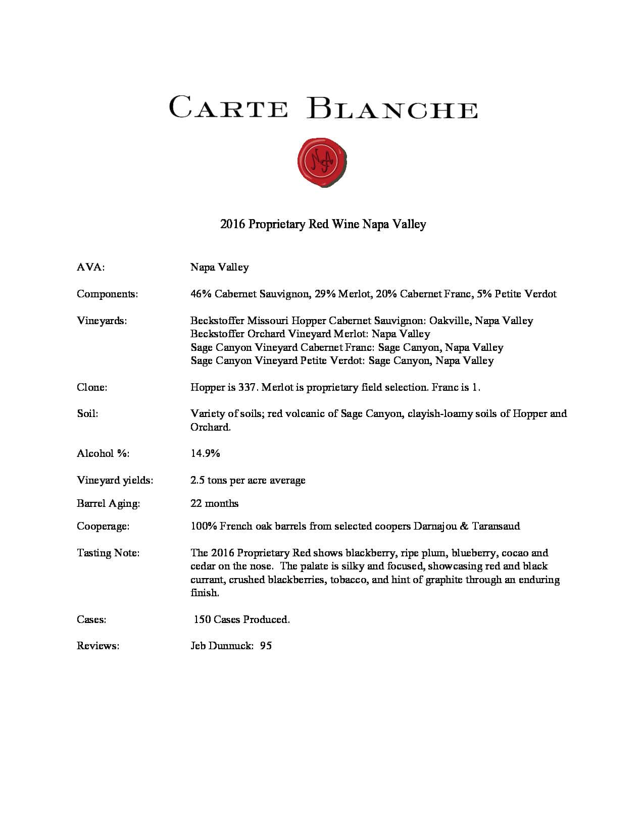 2016 Carte Blanche Proprietary Red Wine