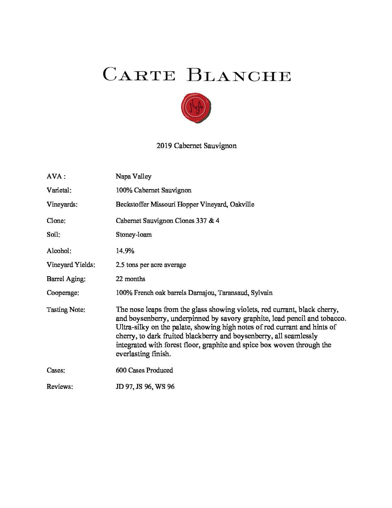 2019 Carte Blanche Cabernet Sauvignon