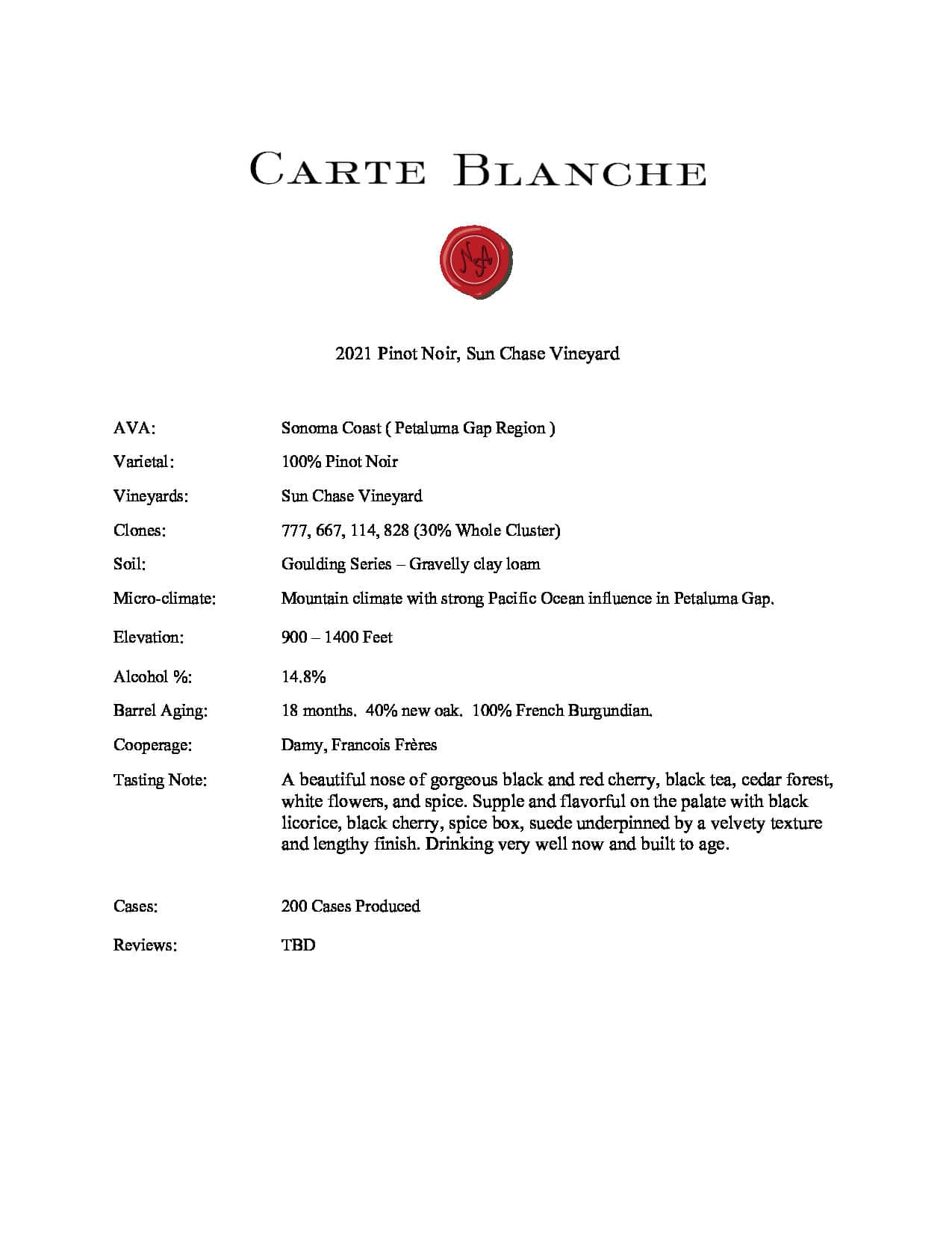 2021 Carte Blanche Pinot Noir